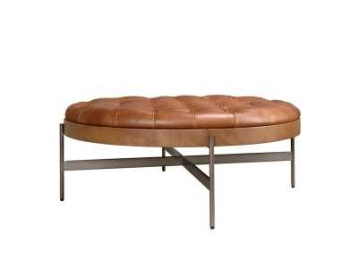 Table basse ronde en noyer, acier et cuir véritable - RAMSGATE
