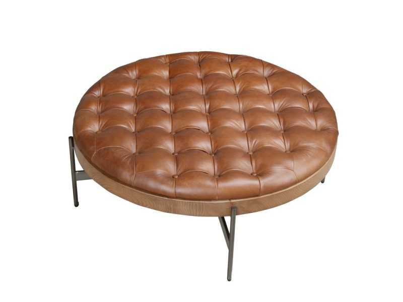 Round walnut, steel and genuine leather coffee table - RAMSGATE
