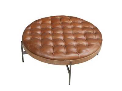 Table basse ronde en noyer, acier et cuir véritable - RAMSGATE