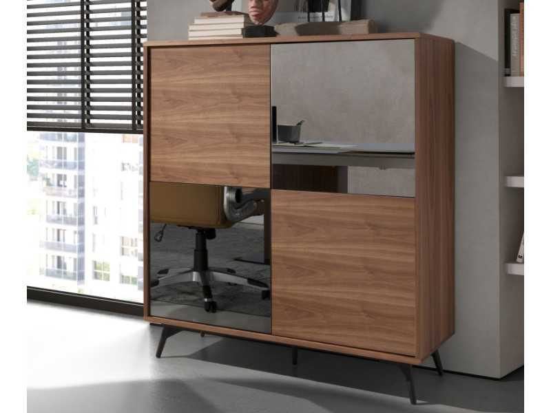 Sideboard/display cabinet in walnut, black glass and stainless steel base - MICHIGAN