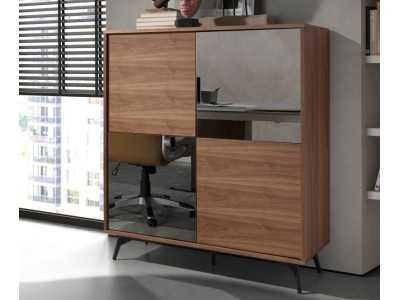 Aparador/ vitrina en nogal, cristal negro y base en acero inoxidable - MICHIGAN