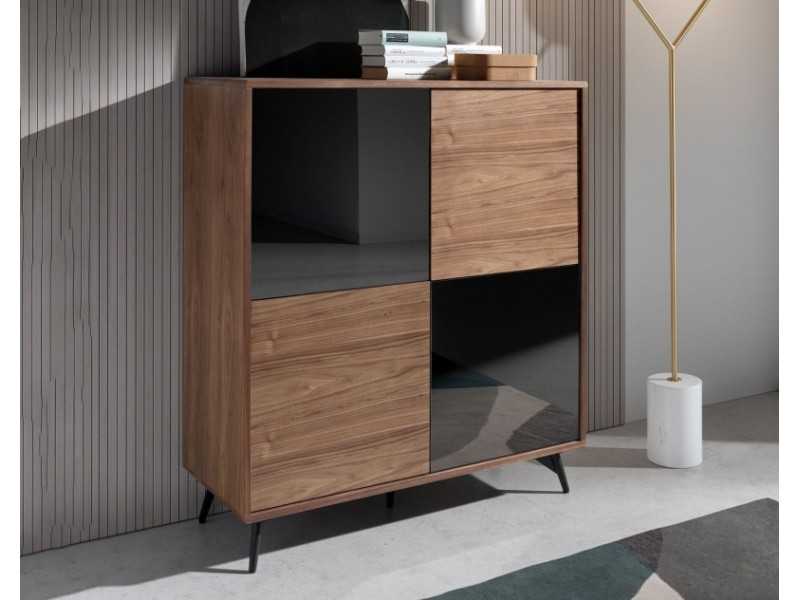 Aparador/ vitrina en nogal, cristal negro y base en acero inoxidable - MICHIGAN