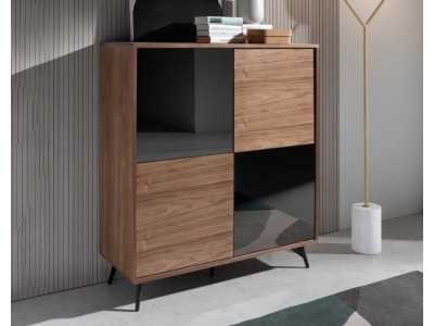 Buffet/vitrine en noyer, verre noir et piètement inox - MICHIGAN