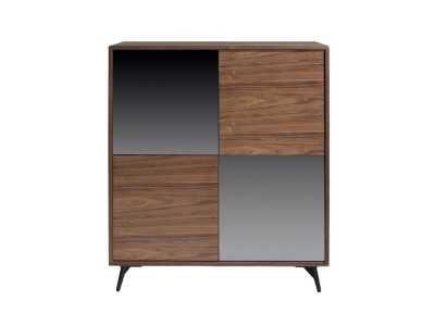 Sideboard/display cabinet in walnut, black glass and stainless steel base - MICHIGAN Sideboard/display cabinet in walnut, black glass and stainless steel base - MICHIGAN