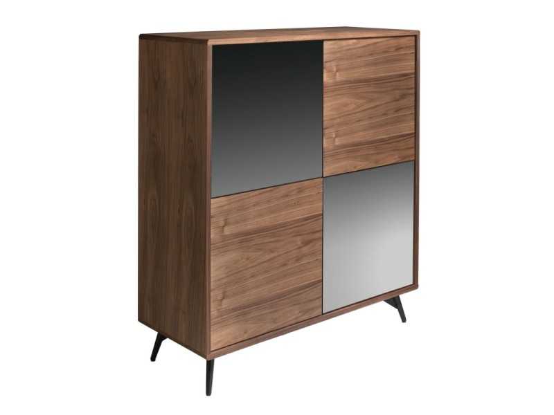 Sideboard/display cabinet in walnut, black glass and stainless steel base - MICHIGAN
