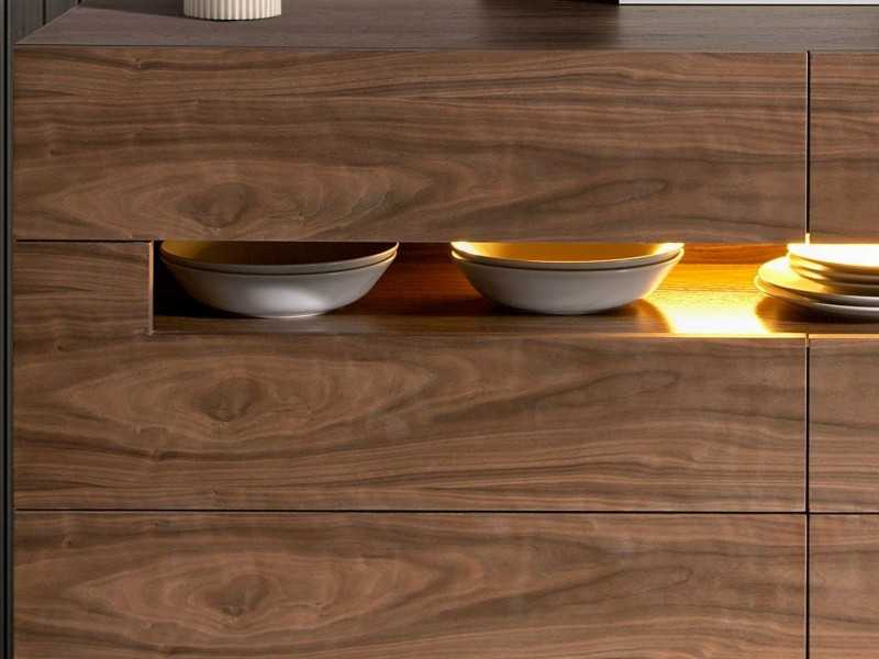 Buffet en noyer avec éclairage LED et pieds en acier inoxydable - TAUREAU