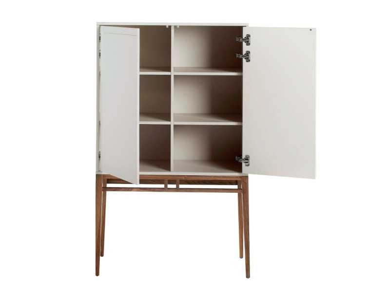 Vitrine aveugle / meuble bar laqué avec piètement en noyer - ARAN