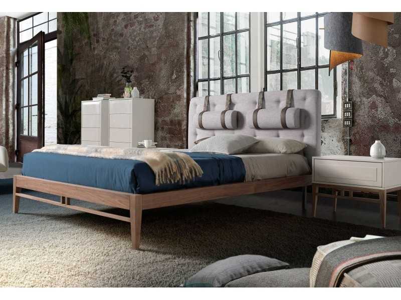 Complete bed with upholstered headboard and walnut base - COSIMA