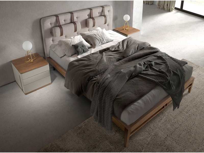 Cama completa de diseño con cabecero tapizado y base de nogal - COSIMA