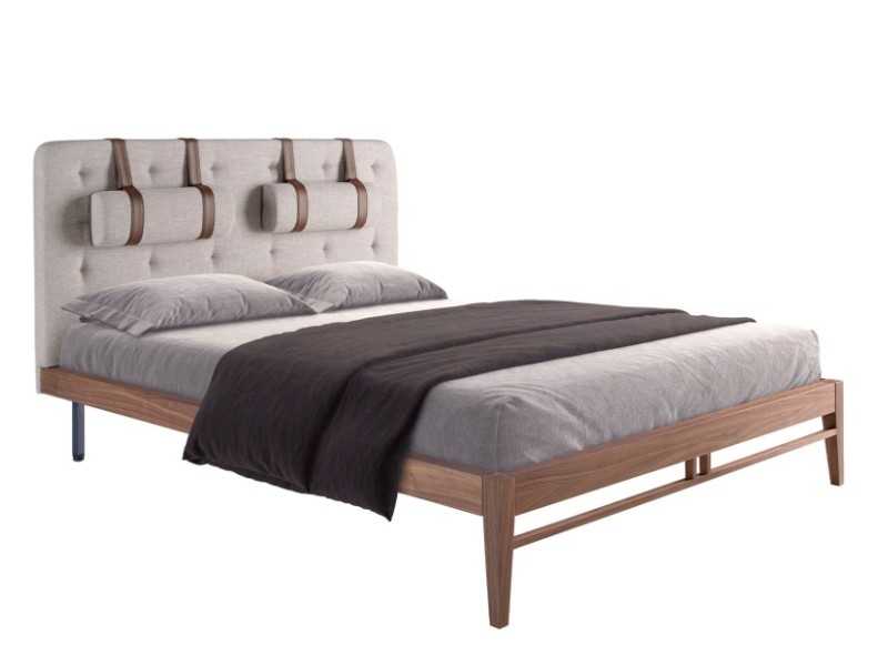 Cama completa de diseño con cabecero tapizado y base de nogal - COSIMA