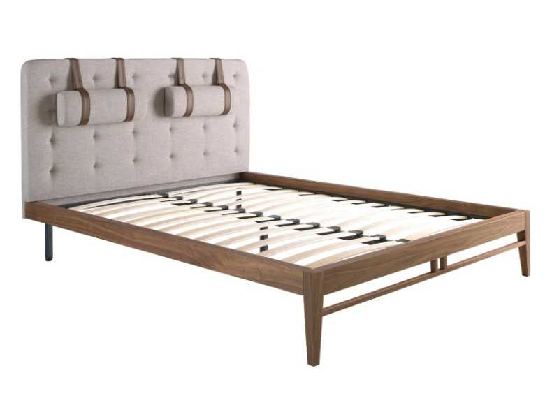 Cama completa de diseño con cabecero tapizado y base de nogal - COSIMA
