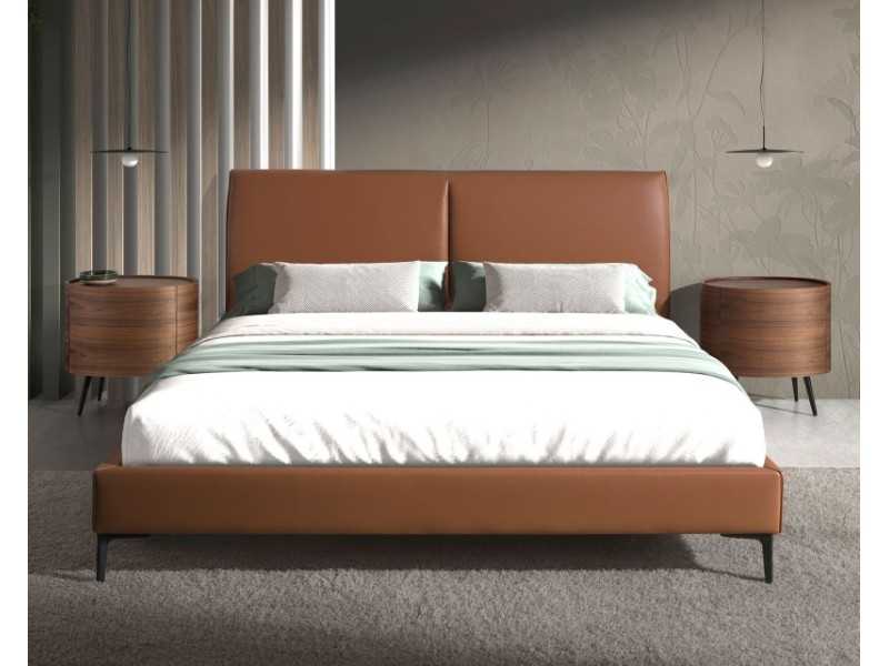 Complete designer bed upholstered in faux leather and stainless steel legs - SAVINA