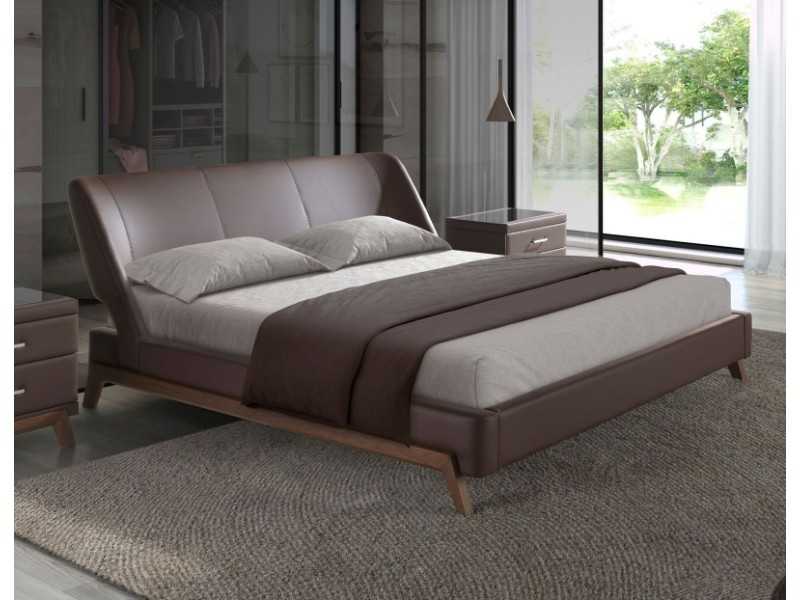 Complete designer bed upholstered in synthetic leather with walnut base - FLOWN