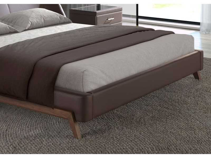 Complete designer bed upholstered in synthetic leather with walnut base - FLOWN