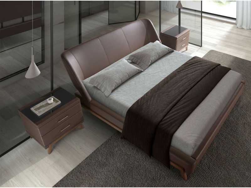 Complete designer bed upholstered in synthetic leather with walnut base - FLOWN