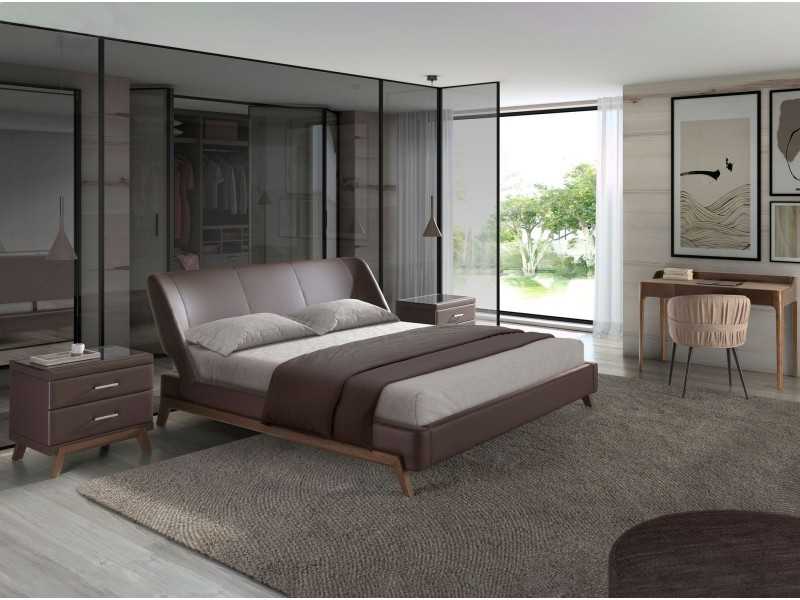 Complete designer bed upholstered in synthetic leather with walnut base - FLOWN