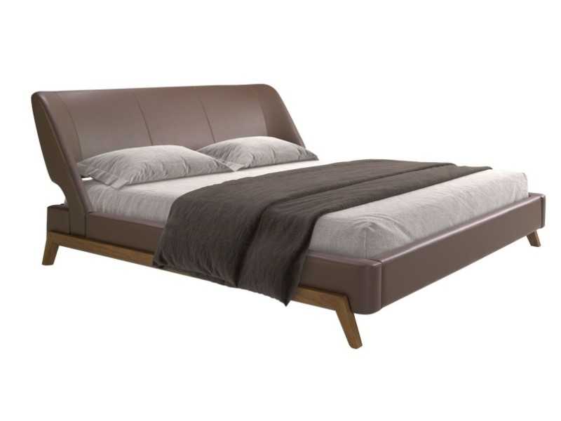 Complete designer bed upholstered in synthetic leather with walnut base - FLOWN