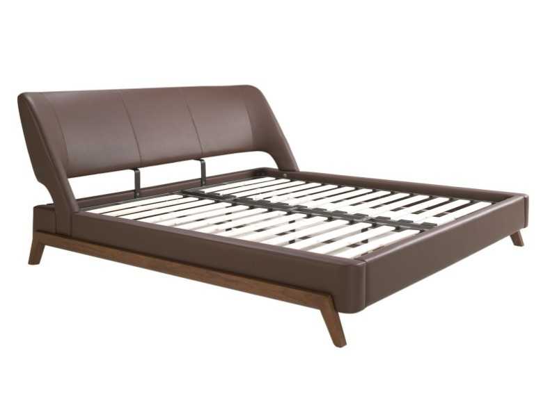 Complete designer bed upholstered in synthetic leather with walnut base - FLOWN