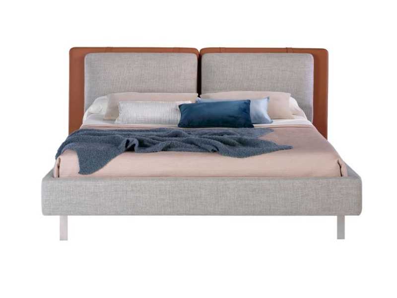 Lit double design tapissé de cuir synthétique et tissu - PIA