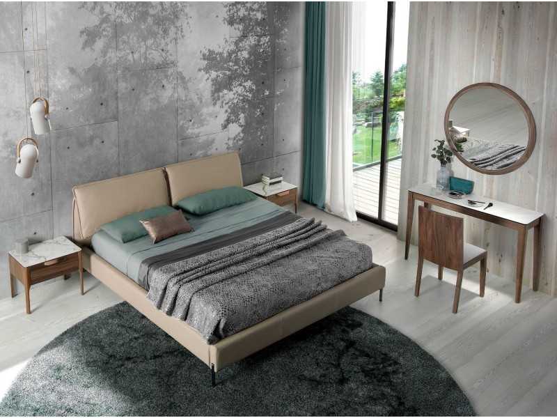 Mesita de noche en nogal con tapa de cristal imitación mármol porcelánico - DINA