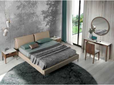 Mesita de noche en nogal con tapa de cristal imitación mármol porcelánico - DINA Mesita de noche en nogal con tapa de cristal imitación mármol porcelánico - DINA