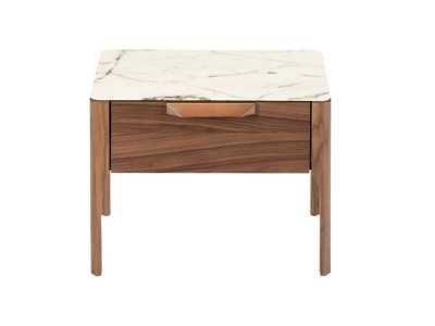 Mesita de noche en nogal con tapa de cristal imitación mármol porcelánico - DINA Mesita de noche en nogal con tapa de cristal imitación mármol porcelánico - DINA