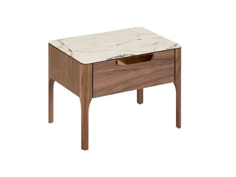 Mesita de noche en nogal con tapa de cristal imitación mármol porcelánico - DINA