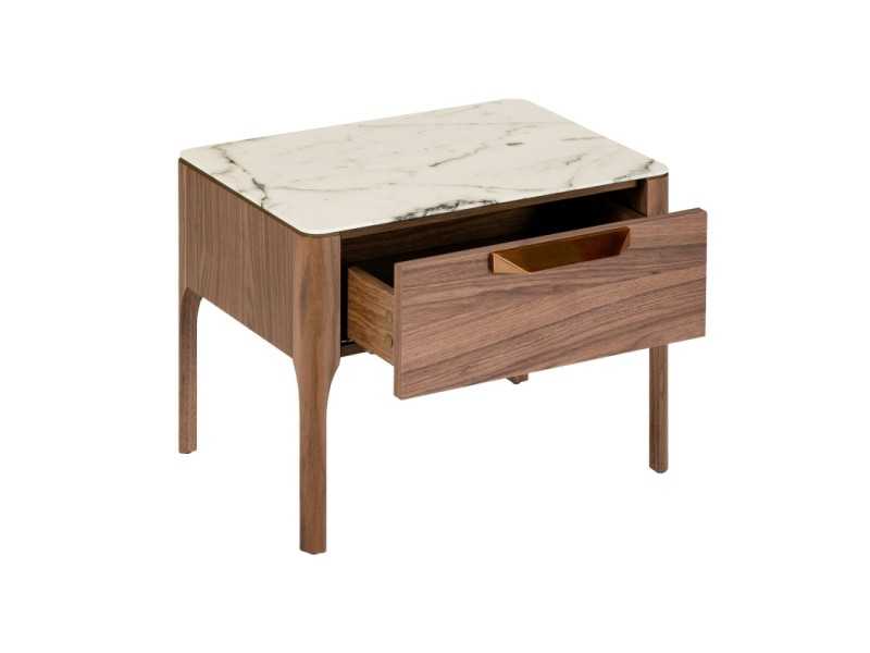 Mesita de noche en nogal con tapa de cristal imitación mármol porcelánico - DINA