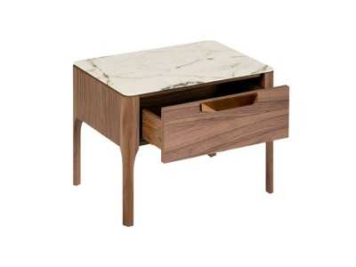 Mesita de noche en nogal con tapa de cristal imitación mármol porcelánico - DINA Mesita de noche en nogal con tapa de cristal imitación mármol porcelánico - DINA