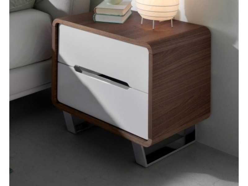 Mesita de noche en nogal ,frentes de cajones lacados y patas en acero inoxidable - AGOSTINA