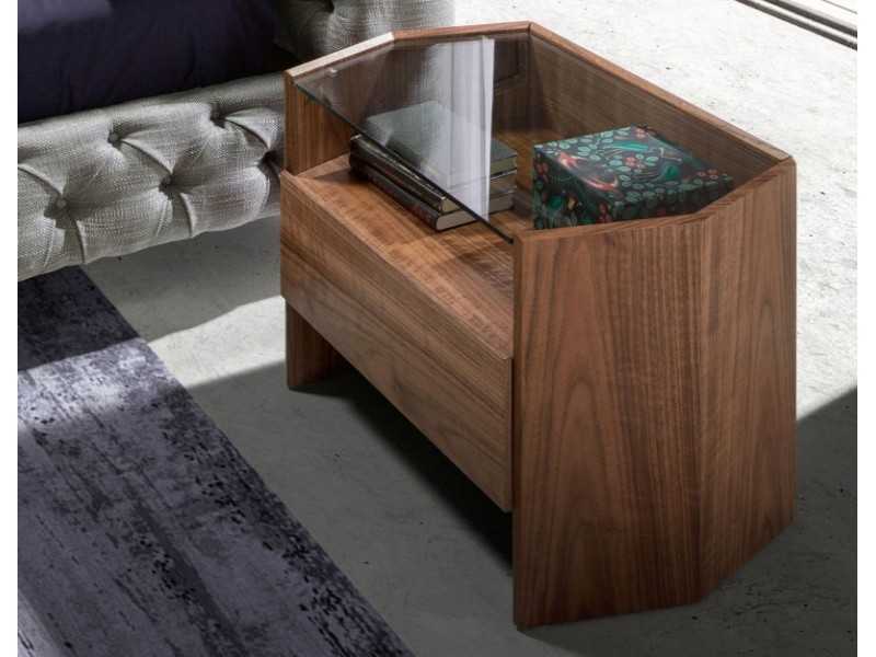 Table de chevet en noyer avec plateau en verre trempé - SAVINA