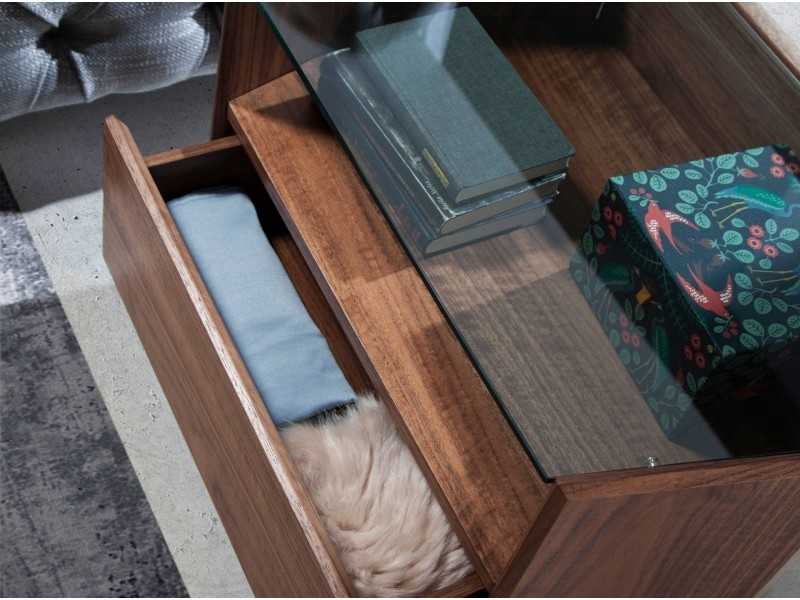 Walnut bedside table with tempered glass top - SAVINA