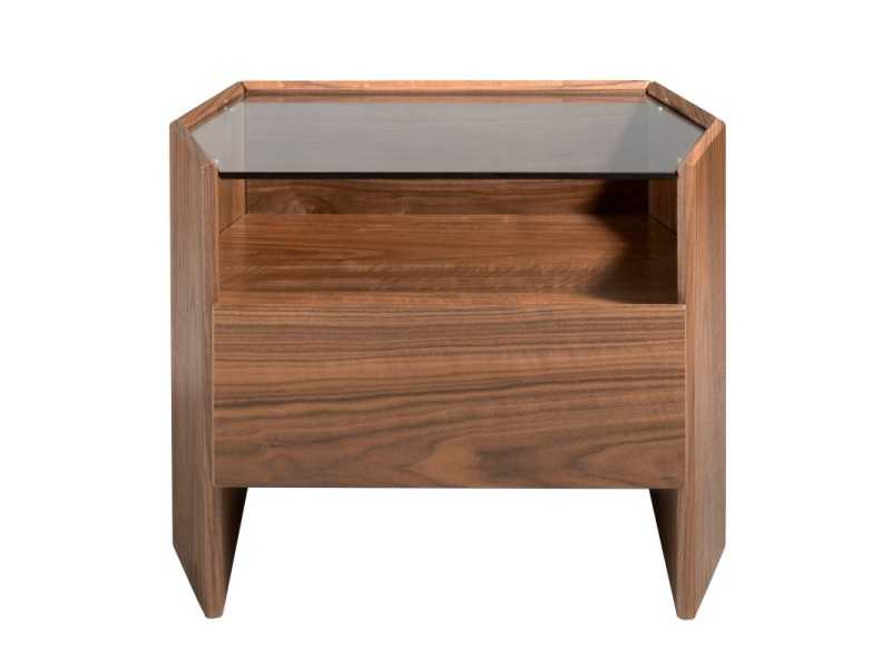 Walnut bedside table with tempered glass top - SAVINA