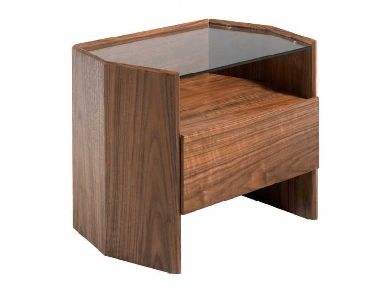 Walnut bedside table with tempered glass top - SAVINA