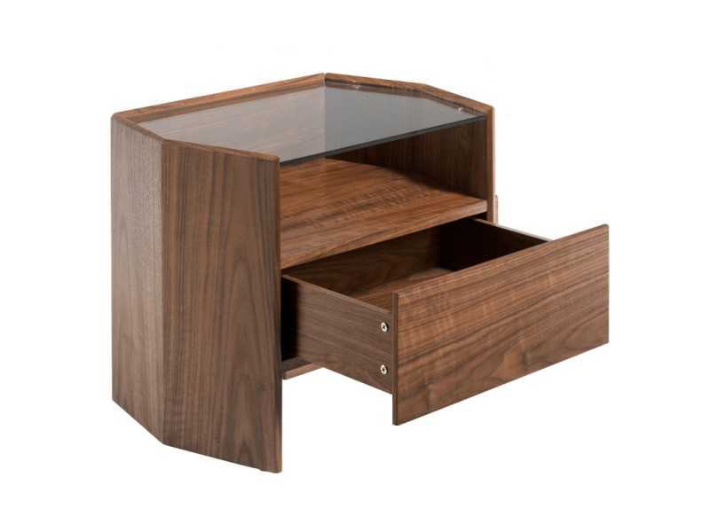 Walnut bedside table with tempered glass top - SAVINA