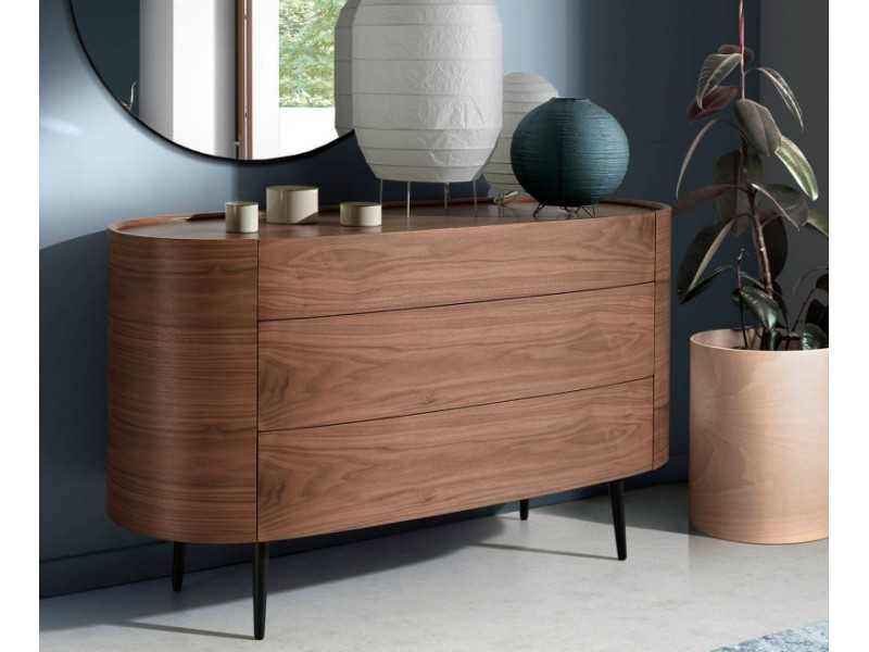 Oval walnut chest of drawers with stainless steel legs - OVALE