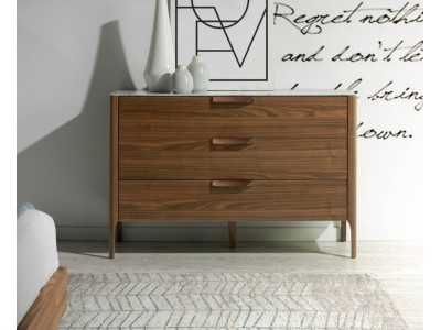 Cómoda en nogal con tapa de cristal imitación mármol porcelánico - DINA Cómoda en nogal con tapa de cristal imitación mármol porcelánico - DINA