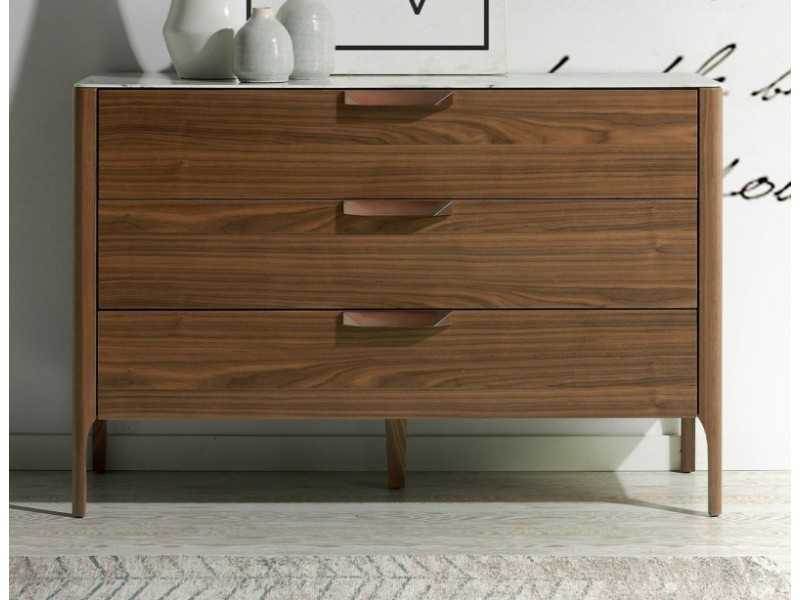 Cómoda en nogal con tapa de cristal imitación mármol porcelánico - DINA