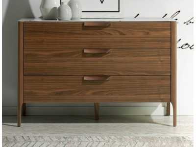 Cómoda en nogal con tapa de cristal imitación mármol porcelánico - DINA Cómoda en nogal con tapa de cristal imitación mármol porcelánico - DINA