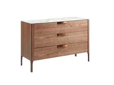 Commode en noyer avec plateau en verre imitation marbre porcelaine - DINA