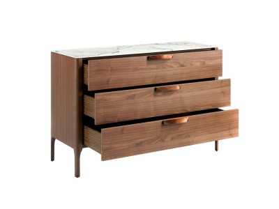 Cómoda en nogal con tapa de cristal imitación mármol porcelánico - DINA Cómoda en nogal con tapa de cristal imitación mármol porcelánico - DINA