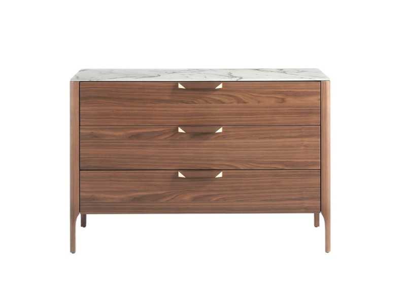 Cómoda en nogal con tapa de cristal imitación mármol porcelánico - DINA