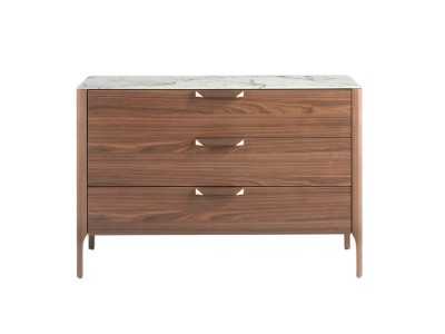 Cómoda en nogal con tapa de cristal imitación mármol porcelánico - DINA Cómoda en nogal con tapa de cristal imitación mármol porcelánico - DINA
