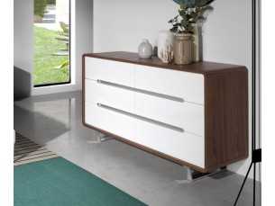 Cómoda en nogal ,frentes de cajones lacados y patas en acero inoxidable - AGOSTINA