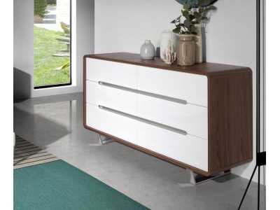 Cómoda en nogal ,frentes de cajones lacados y patas en acero inoxidable - AGOSTINA Cómoda en nogal ,frentes de cajones lacados y patas en acero inoxidable - AGOSTINA