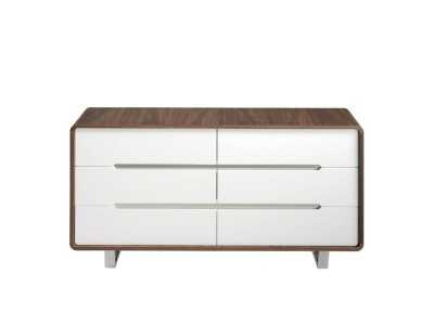 Cómoda en nogal ,frentes de cajones lacados y patas en acero inoxidable - AGOSTINA Cómoda en nogal ,frentes de cajones lacados y patas en acero inoxidable - AGOSTINA