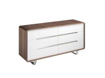 Cómoda en nogal ,frentes de cajones lacados y patas en acero inoxidable - AGOSTINA Cómoda en nogal ,frentes de cajones lacados y patas en acero inoxidable - AGOSTINA