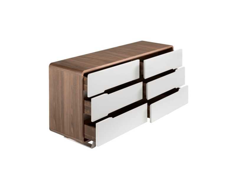 Cómoda en nogal ,frentes de cajones lacados y patas en acero inoxidable - AGOSTINA