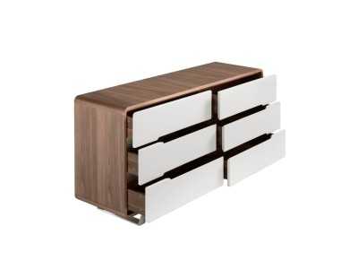 Cómoda en nogal ,frentes de cajones lacados y patas en acero inoxidable - AGOSTINA Cómoda en nogal ,frentes de cajones lacados y patas en acero inoxidable - AGOSTINA