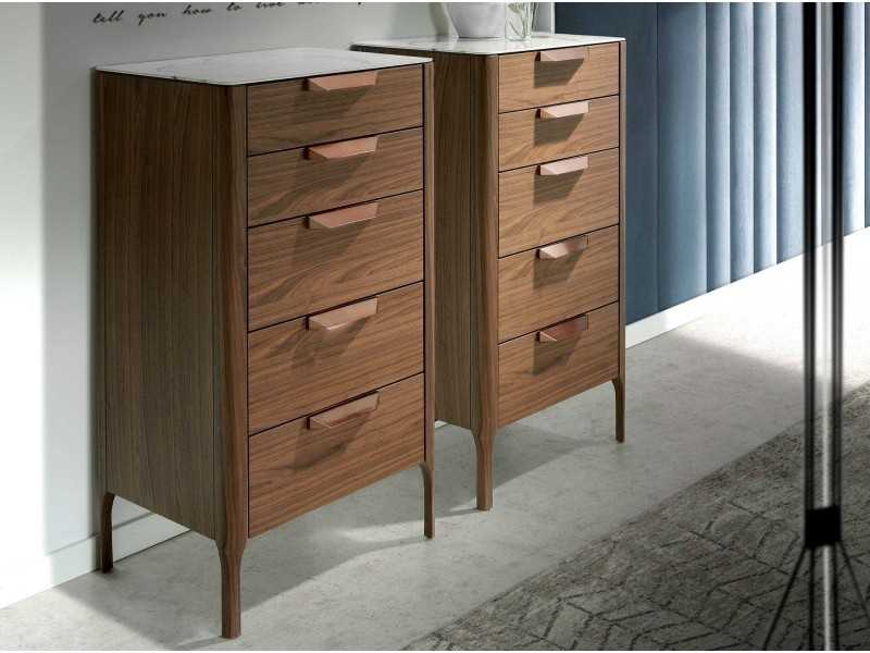 Chiffonnier en noyer avec plateau en verre imitation marbre porcelaine - DINA